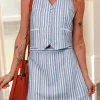 Outlet Dear-Lover Buttoned Office Waistcoat Mini Skirt Set Sky Blue Stripe