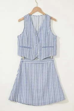 Outlet Dear-Lover Buttoned Office Waistcoat Mini Skirt Set Sky Blue Stripe