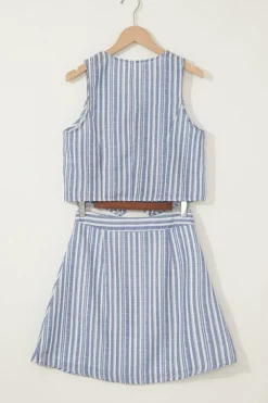 Outlet Dear-Lover Buttoned Office Waistcoat Mini Skirt Set Sky Blue Stripe