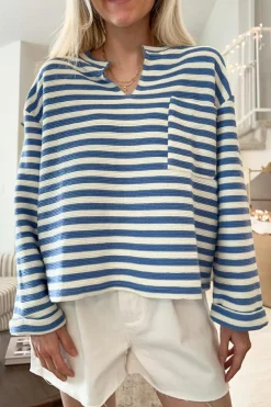 Fashion Dear-Lover Chest Pocket Buttoned Back Notched V Neck Top Sky Blue Stripe