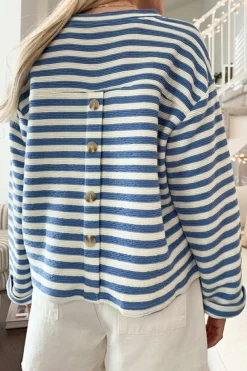 Fashion Dear-Lover Chest Pocket Buttoned Back Notched V Neck Top Sky Blue Stripe