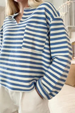 Fashion Dear-Lover Chest Pocket Buttoned Back Notched V Neck Top Sky Blue Stripe
