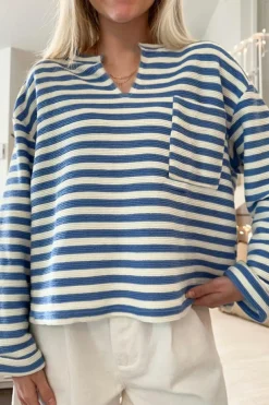 Fashion Dear-Lover Chest Pocket Buttoned Back Notched V Neck Top Sky Blue Stripe