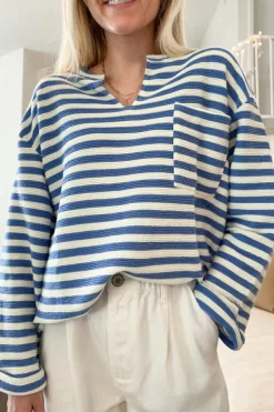 Fashion Dear-Lover Chest Pocket Buttoned Back Notched V Neck Top Sky Blue Stripe