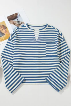 Fashion Dear-Lover Chest Pocket Buttoned Back Notched V Neck Top Sky Blue Stripe