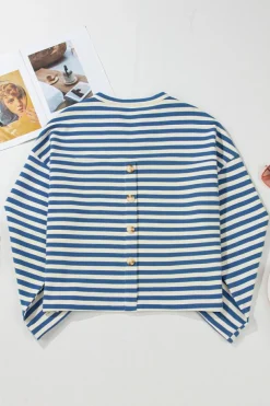 Fashion Dear-Lover Chest Pocket Buttoned Back Notched V Neck Top Sky Blue Stripe