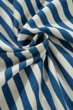 Fashion Dear-Lover Chest Pocket Buttoned Back Notched V Neck Top Sky Blue Stripe