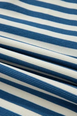 Fashion Dear-Lover Chest Pocket Buttoned Back Notched V Neck Top Sky Blue Stripe
