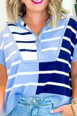 Best Dear-Lover Colorblock Quarter Zip Collar Sweater Vest Sky Blue Stripe