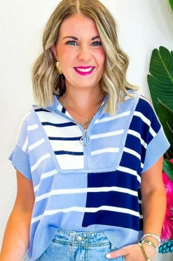 Best Dear-Lover Colorblock Quarter Zip Collar Sweater Vest Sky Blue Stripe