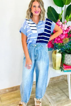 Best Dear-Lover Colorblock Quarter Zip Collar Sweater Vest Sky Blue Stripe