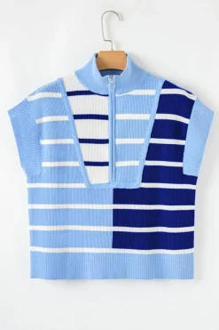 Best Dear-Lover Colorblock Quarter Zip Collar Sweater Vest Sky Blue Stripe