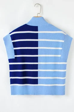 Best Dear-Lover Colorblock Quarter Zip Collar Sweater Vest Sky Blue Stripe