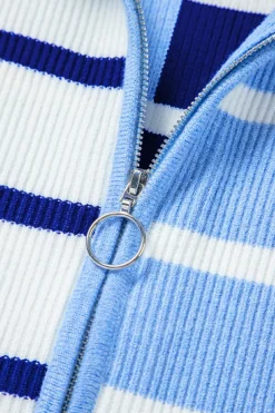 Best Dear-Lover Colorblock Quarter Zip Collar Sweater Vest Sky Blue Stripe