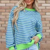 Sale Dear-Lover Contrast Trim High Low Pullover Tunic Sweatshirt Sky Blue Stripe