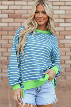 Sale Dear-Lover Contrast Trim High Low Pullover Tunic Sweatshirt Sky Blue Stripe