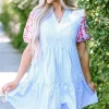 Discount Dear-Lover Contrast Floral Puff Sleeve Tiered Ruffle Dress Sky Blue Stripe