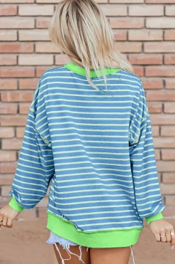 Sale Dear-Lover Contrast Trim High Low Pullover Tunic Sweatshirt Sky Blue Stripe
