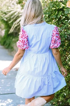 Discount Dear-Lover Contrast Floral Puff Sleeve Tiered Ruffle Dress Sky Blue Stripe