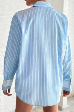 Outlet Dear-Lover Contrast Patch Pocket Cuffed Sleeve Casual Shirt Sky Blue Stripe