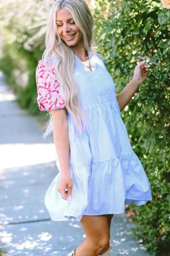 Discount Dear-Lover Contrast Floral Puff Sleeve Tiered Ruffle Dress Sky Blue Stripe