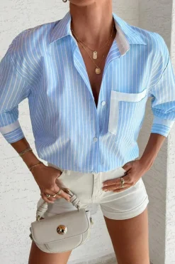 Outlet Dear-Lover Contrast Patch Pocket Cuffed Sleeve Casual Shirt Sky Blue Stripe