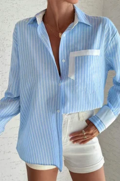 Outlet Dear-Lover Contrast Patch Pocket Cuffed Sleeve Casual Shirt Sky Blue Stripe