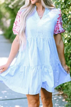 Discount Dear-Lover Contrast Floral Puff Sleeve Tiered Ruffle Dress Sky Blue Stripe