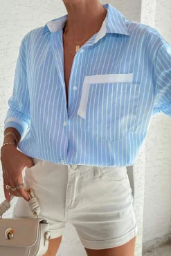 Outlet Dear-Lover Contrast Patch Pocket Cuffed Sleeve Casual Shirt Sky Blue Stripe
