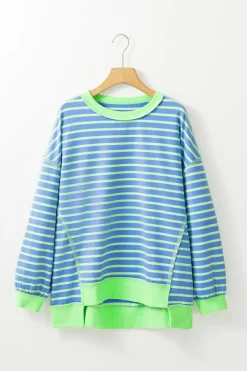 Sale Dear-Lover Contrast Trim High Low Pullover Tunic Sweatshirt Sky Blue Stripe
