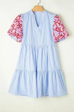 Discount Dear-Lover Contrast Floral Puff Sleeve Tiered Ruffle Dress Sky Blue Stripe