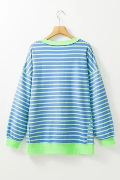 Sale Dear-Lover Contrast Trim High Low Pullover Tunic Sweatshirt Sky Blue Stripe