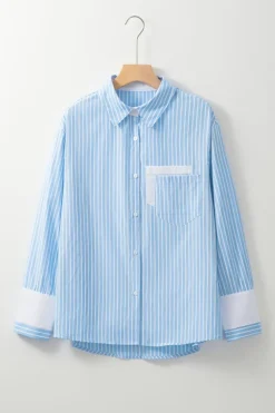Outlet Dear-Lover Contrast Patch Pocket Cuffed Sleeve Casual Shirt Sky Blue Stripe