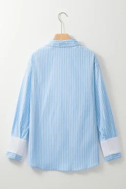 Outlet Dear-Lover Contrast Patch Pocket Cuffed Sleeve Casual Shirt Sky Blue Stripe