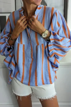 Fashion Dear-Lover Crinckled Ruffled Sleeve Button up Loose Shirt Sky Blue Stripe