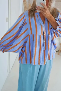 Fashion Dear-Lover Crinckled Ruffled Sleeve Button up Loose Shirt Sky Blue Stripe
