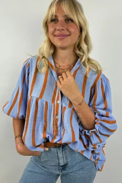 Fashion Dear-Lover Crinckled Ruffled Sleeve Button up Loose Shirt Sky Blue Stripe
