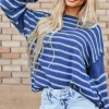 Discount Dear-Lover Drop Shoulder Casual Sweater Sky Blue Stripe