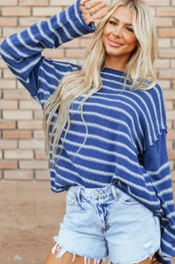 Discount Dear-Lover Drop Shoulder Casual Sweater Sky Blue Stripe