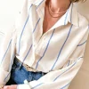 Best Dear-Lover Drop Shoulder Bubble Sleeve Loose Shirt Sky Blue Stripe