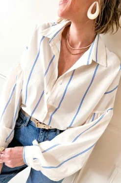 Best Dear-Lover Drop Shoulder Bubble Sleeve Loose Shirt Sky Blue Stripe