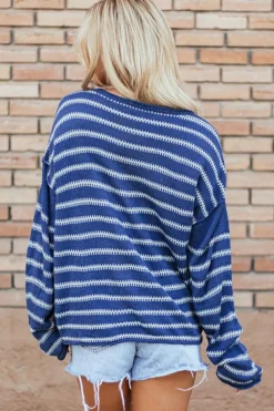 Discount Dear-Lover Drop Shoulder Casual Sweater Sky Blue Stripe