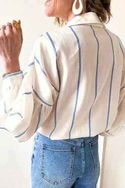 Best Dear-Lover Drop Shoulder Bubble Sleeve Loose Shirt Sky Blue Stripe