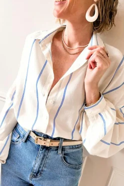 Best Dear-Lover Drop Shoulder Bubble Sleeve Loose Shirt Sky Blue Stripe