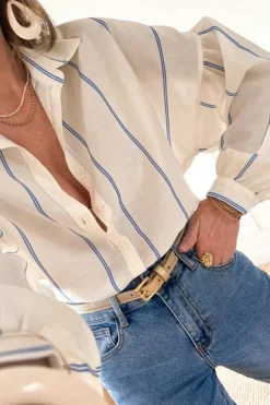 Best Dear-Lover Drop Shoulder Bubble Sleeve Loose Shirt Sky Blue Stripe