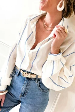 Best Dear-Lover Drop Shoulder Bubble Sleeve Loose Shirt Sky Blue Stripe