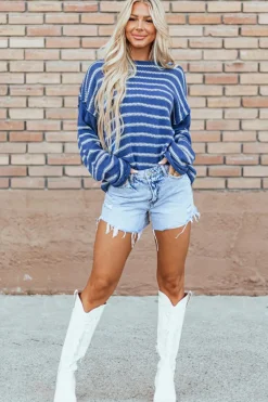Discount Dear-Lover Drop Shoulder Casual Sweater Sky Blue Stripe