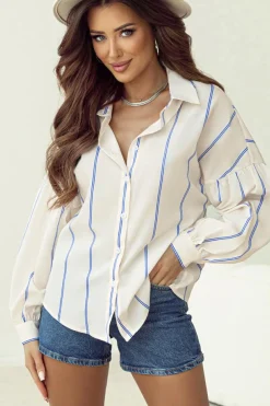 Best Dear-Lover Drop Shoulder Bubble Sleeve Loose Shirt Sky Blue Stripe