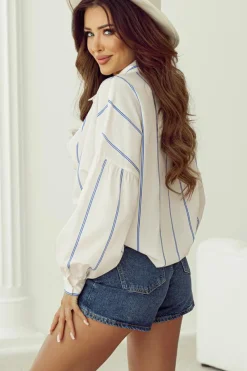 Best Dear-Lover Drop Shoulder Bubble Sleeve Loose Shirt Sky Blue Stripe