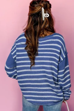 Discount Dear-Lover Drop Shoulder Casual Sweater Sky Blue Stripe